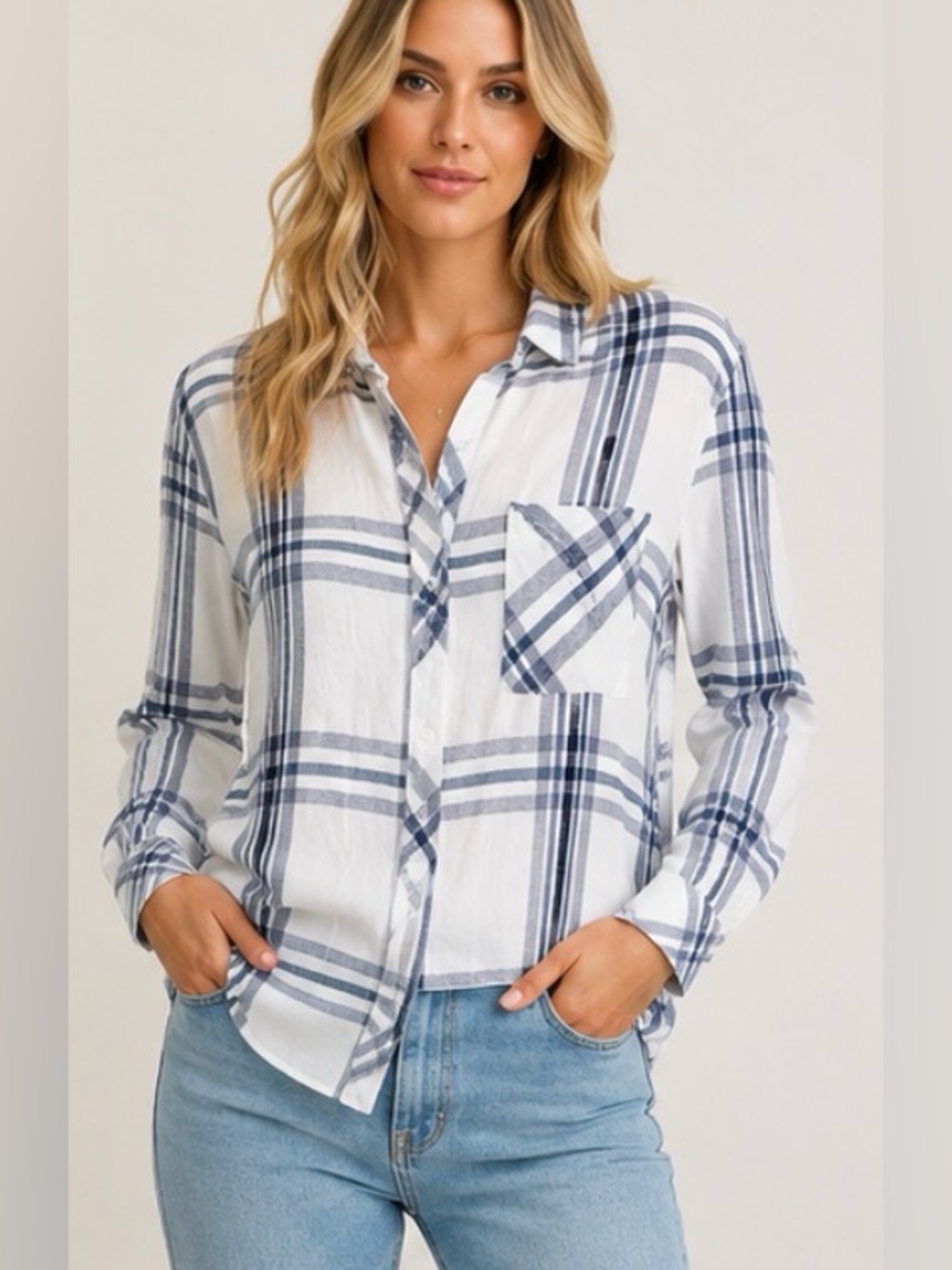 Rails Hunter Plaid Soft Button Down Shirt White Blue Size Small